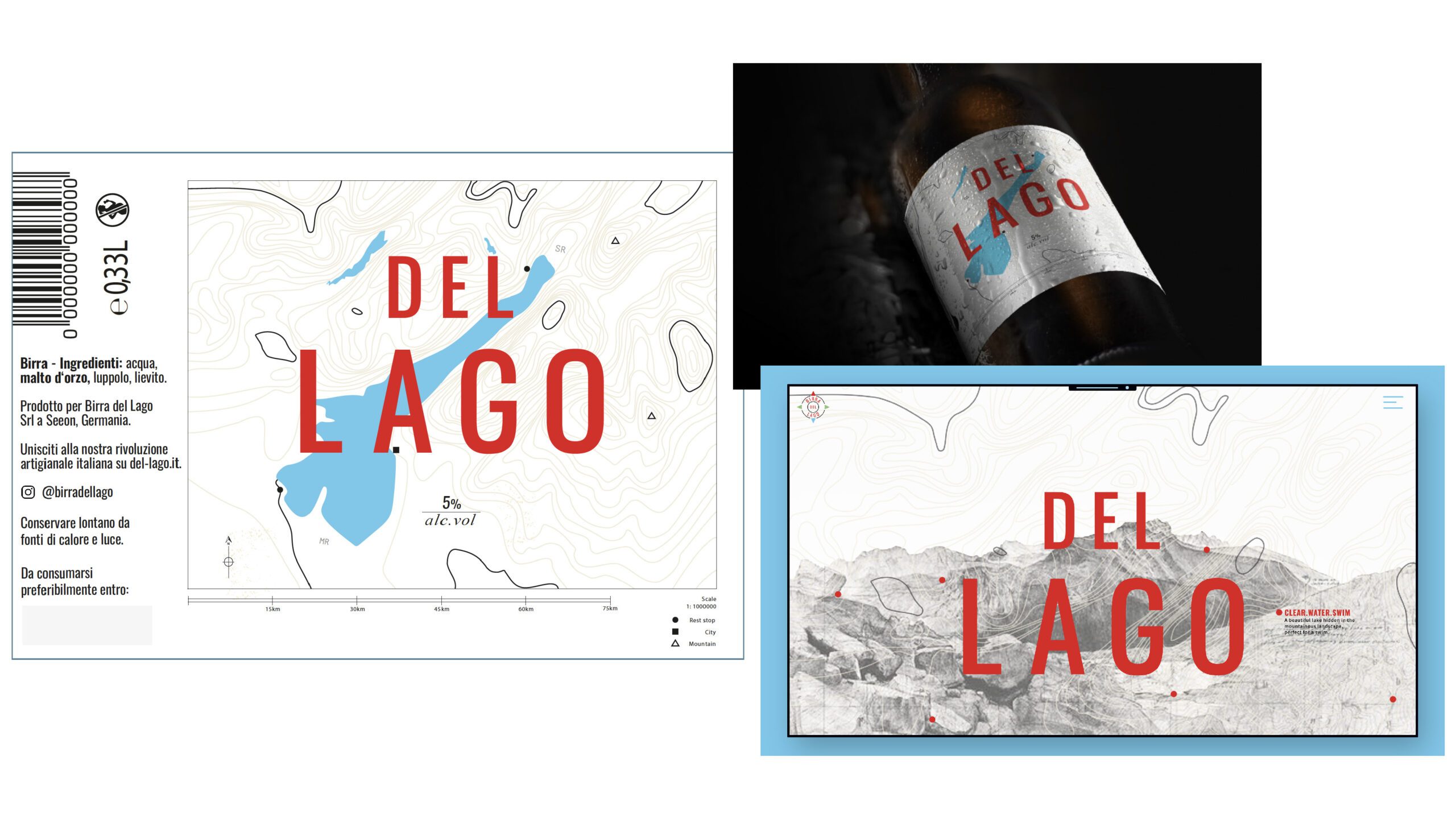 A beer label design saying Del Lago over a map of Lake garda, shown on and off a bottle and a website mockup that shows topography with mountain ranges with red dots.