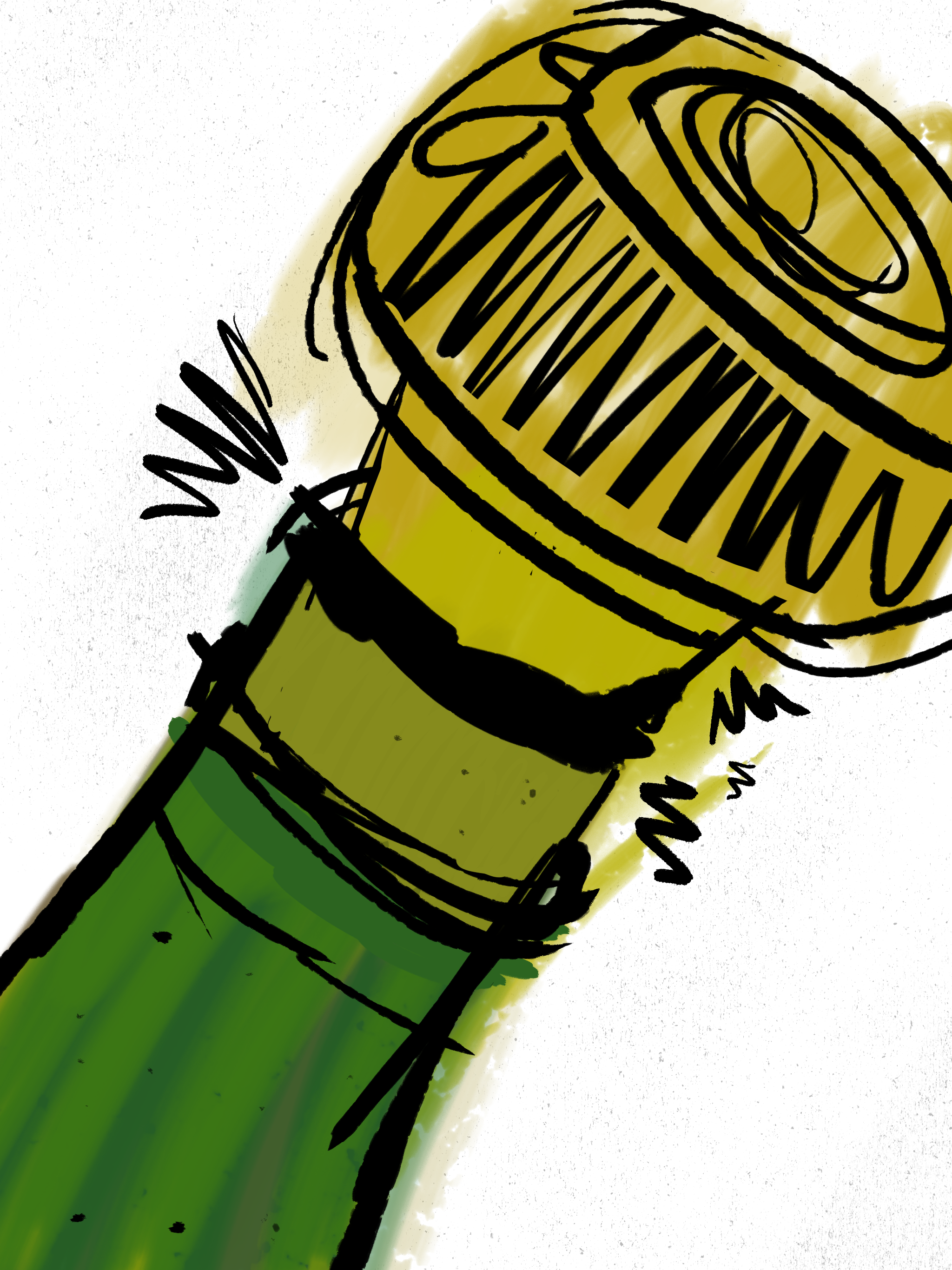 An expressive close up illustration in green and gold of a champagne cork