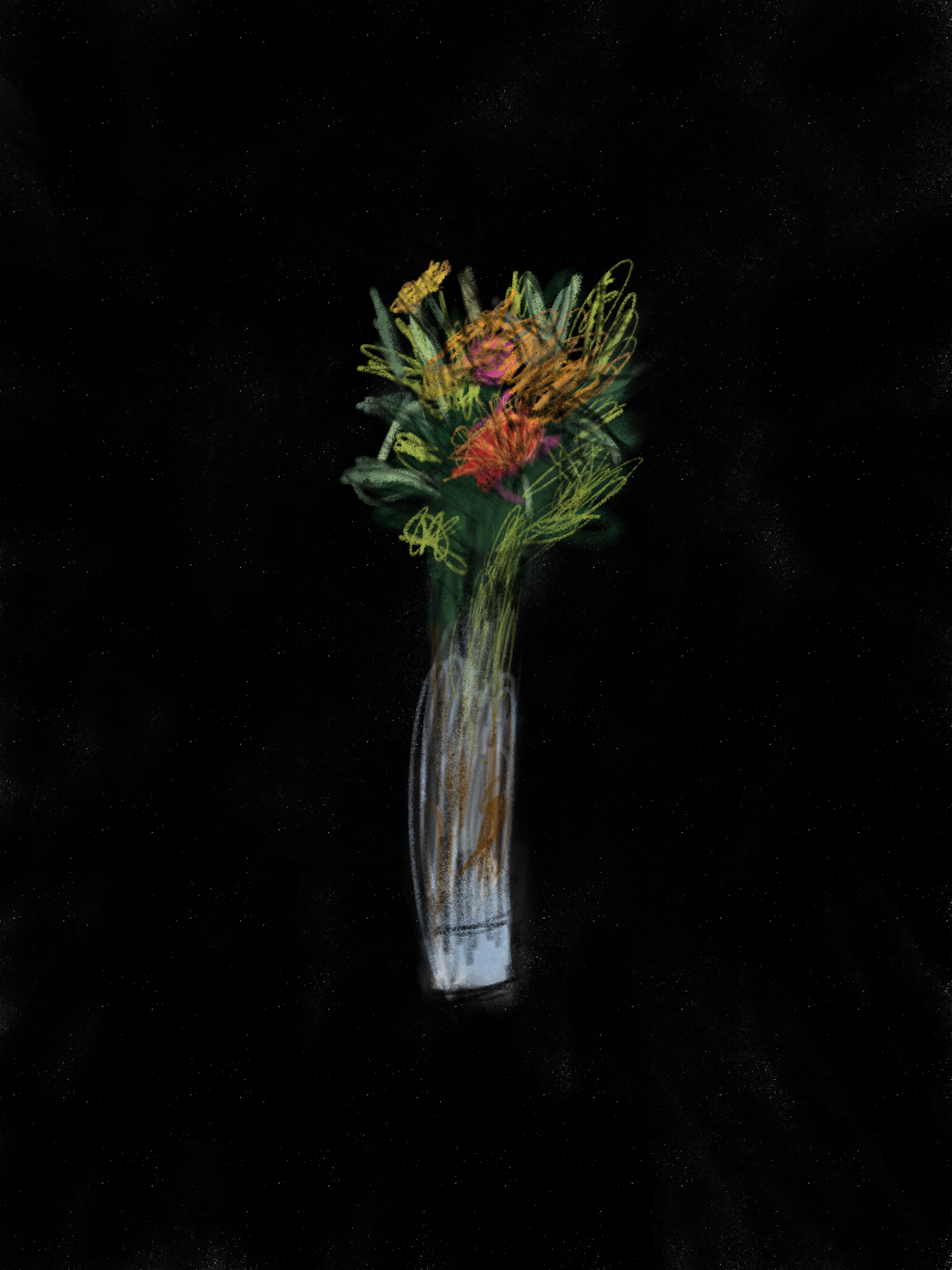 an expressive illustration of orange and yellow flowers in vase on black background