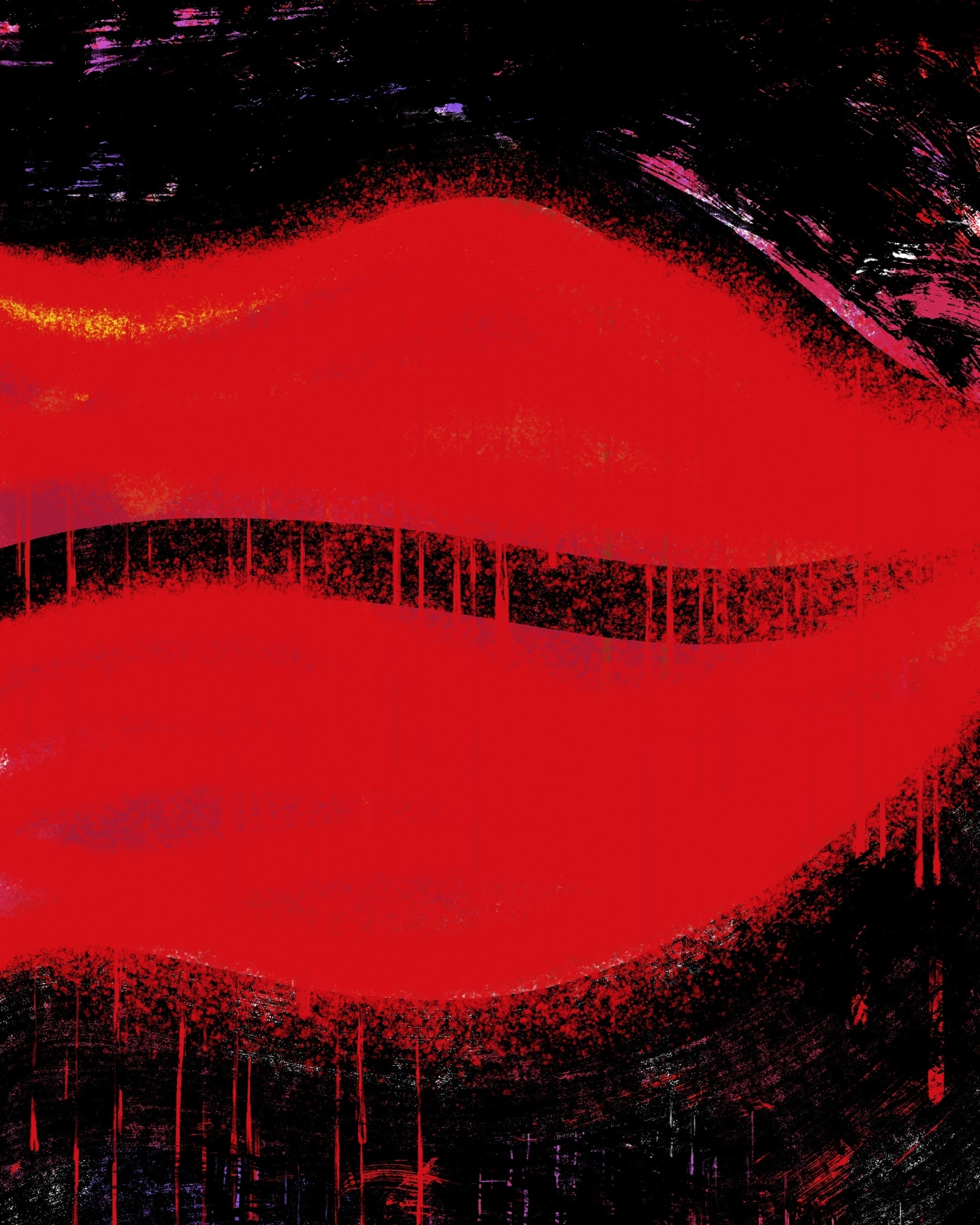 A grafitti style illustration of a set of red lipping drips sit on a black textured background