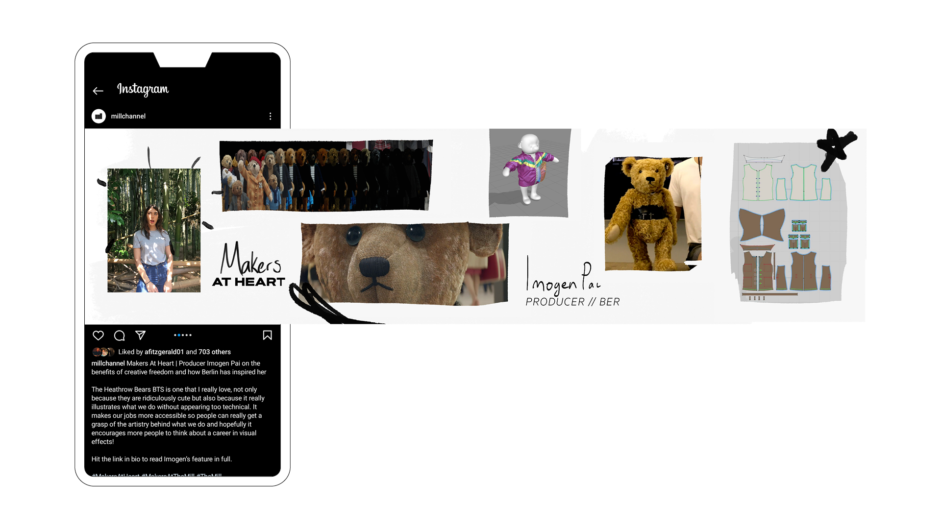 An Instagram carousel post expands outside the phone to show a wide image with a collection of 3d renders and photos of a teddy bear and the text Makers at heart