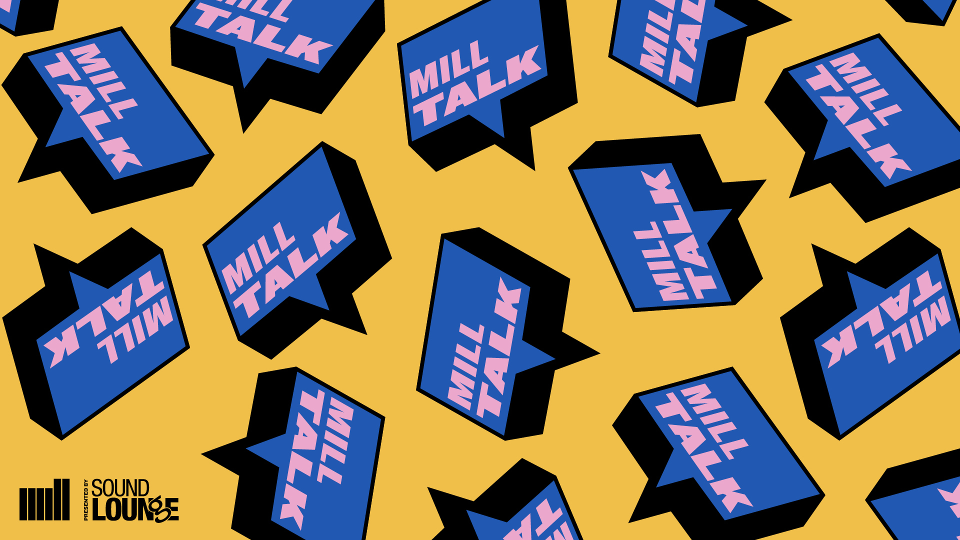 A collage of Mill Talk speech bublles in blue and pink on mustard yellow