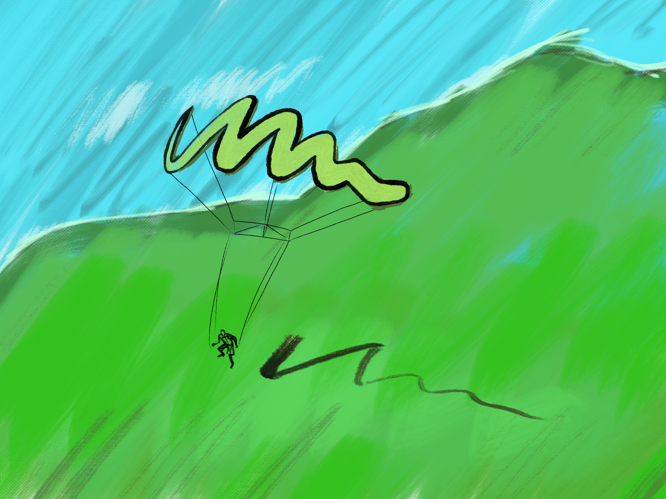 an illustration of a green scribble forming a kite, flown by a person across a large green mountain backed by blue sky