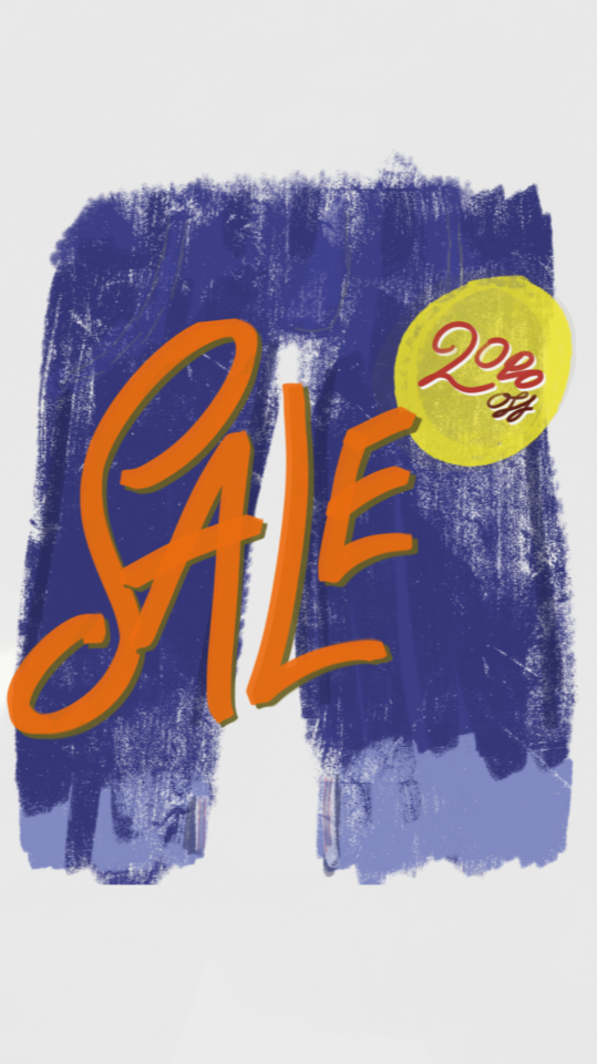 an abstract illustration of blue jeans shown behind a bright orange sale sign with Yellow 20% off sticker