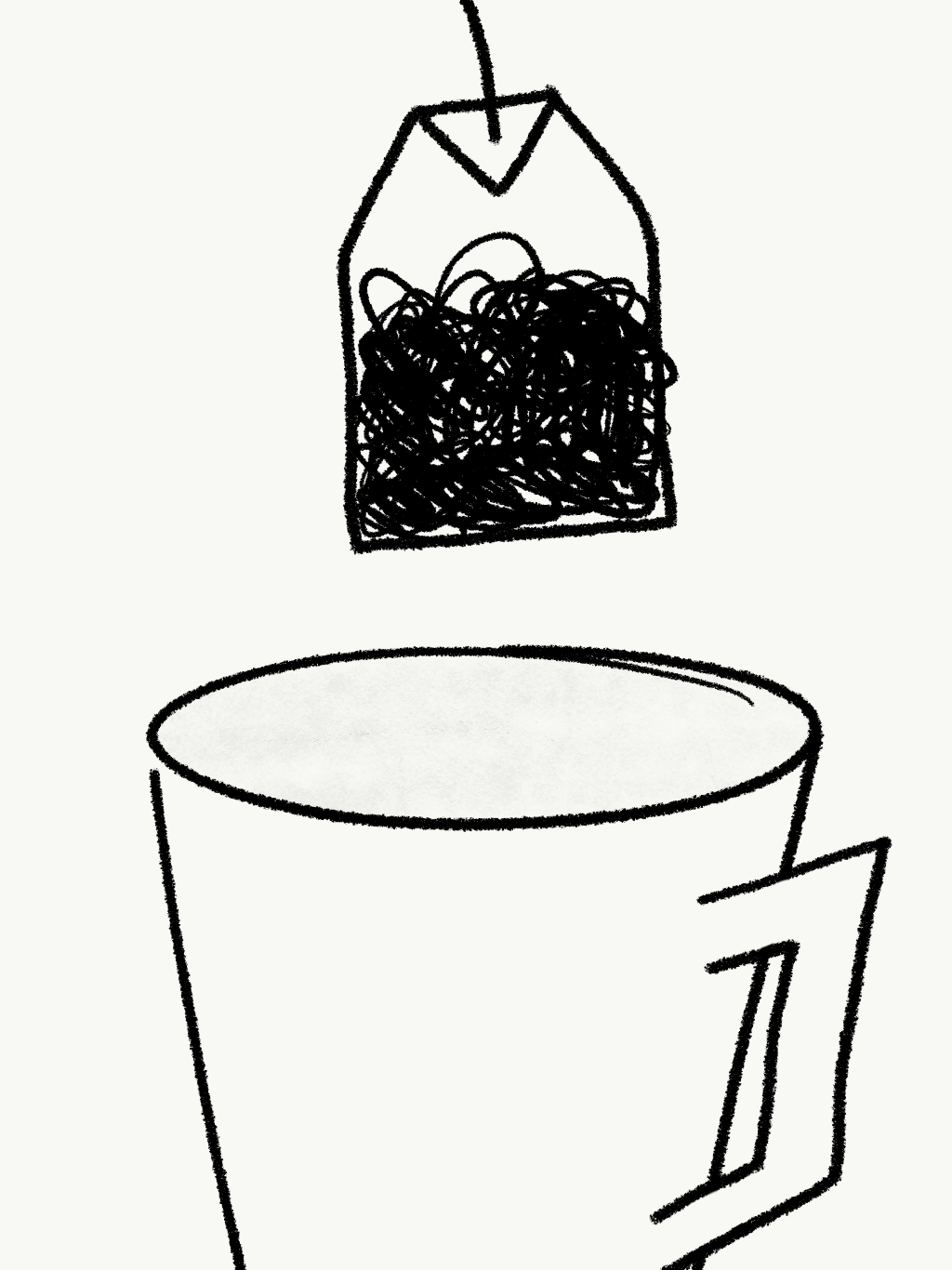 a black lined drawing of a teabag pluging into a white mug