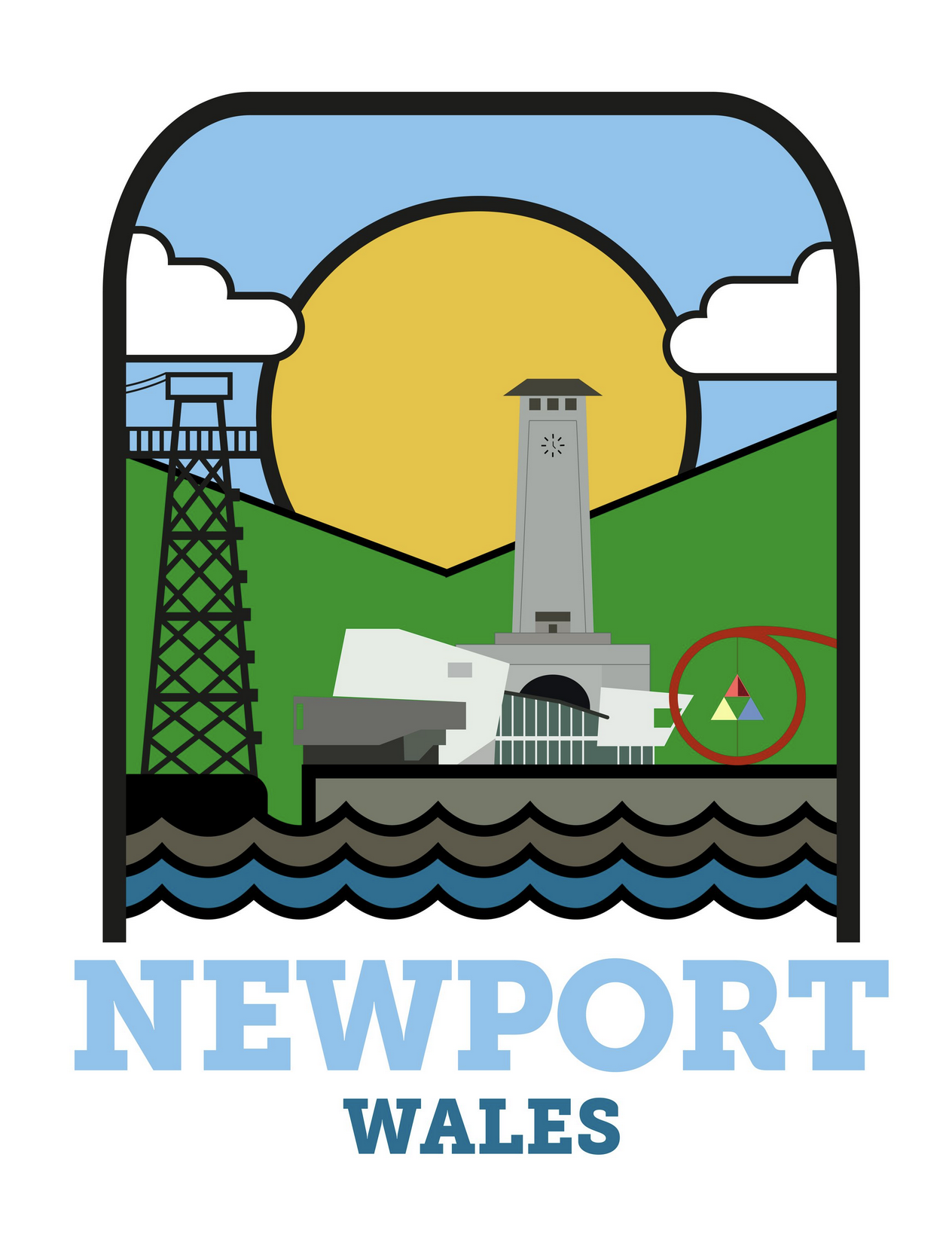 A graphic illustration combining, sun, mountains, drilling structures, architecture and sculpture sitting 2d behind waves on top of the words Newport Wales