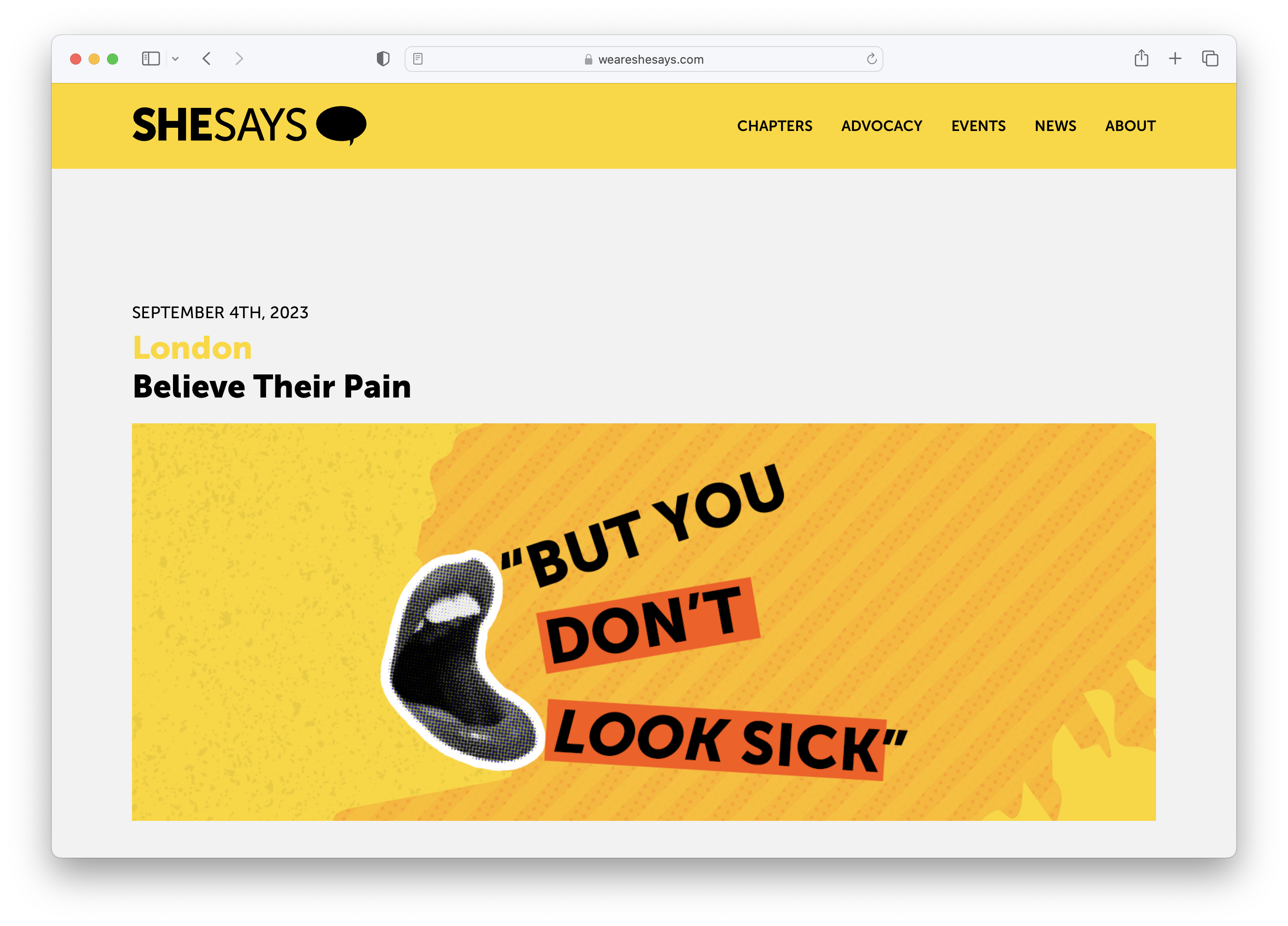 A screenshot of a she says believe their pain webpage saying 'but you don't loook sick'