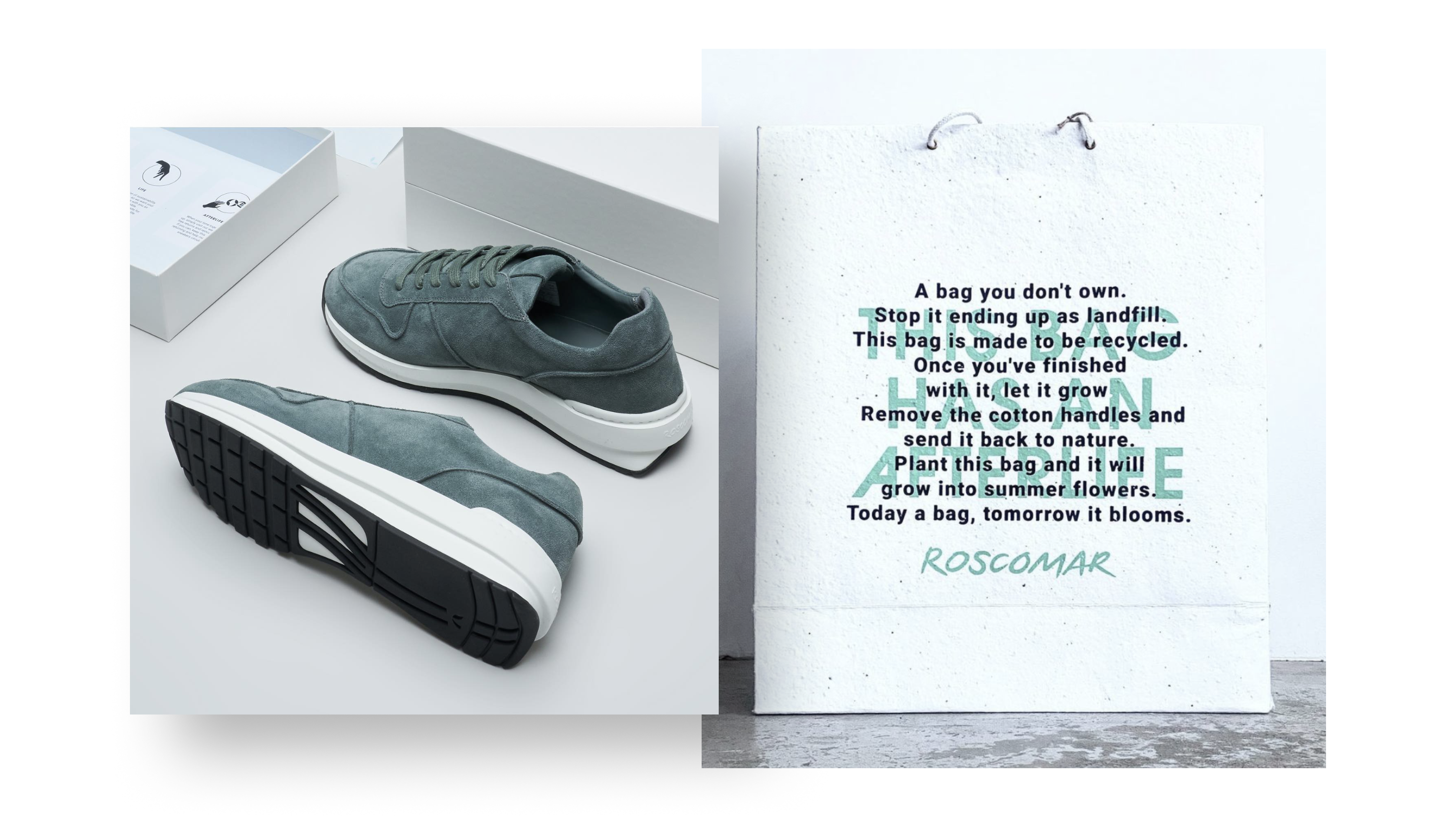 a pair of green suede sneakers and bag made from seed paper covered in roscomar manifest text in black and green