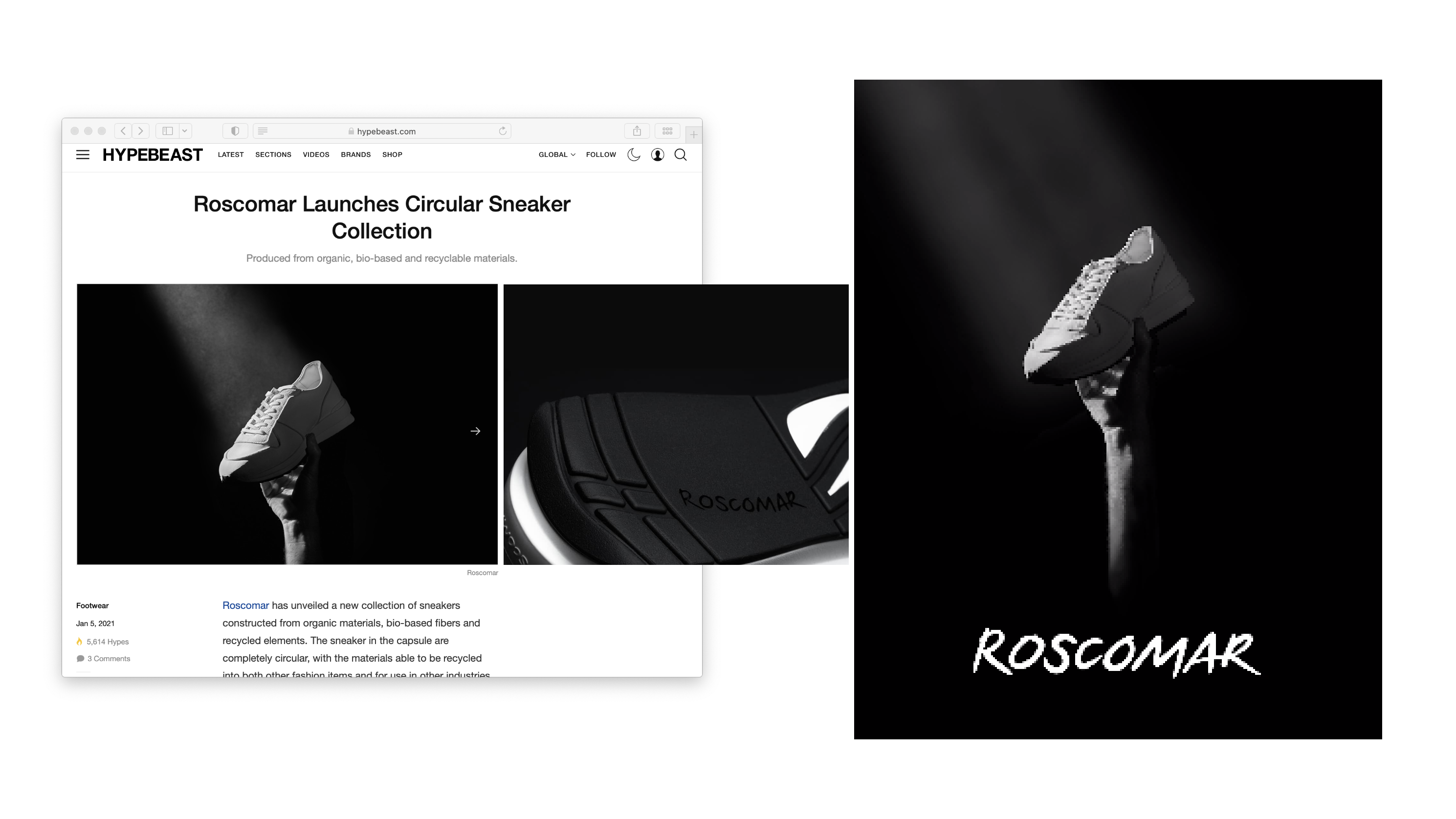 A screenshot of Roscomar on Hypebeast with closeup of sole of white sneaker