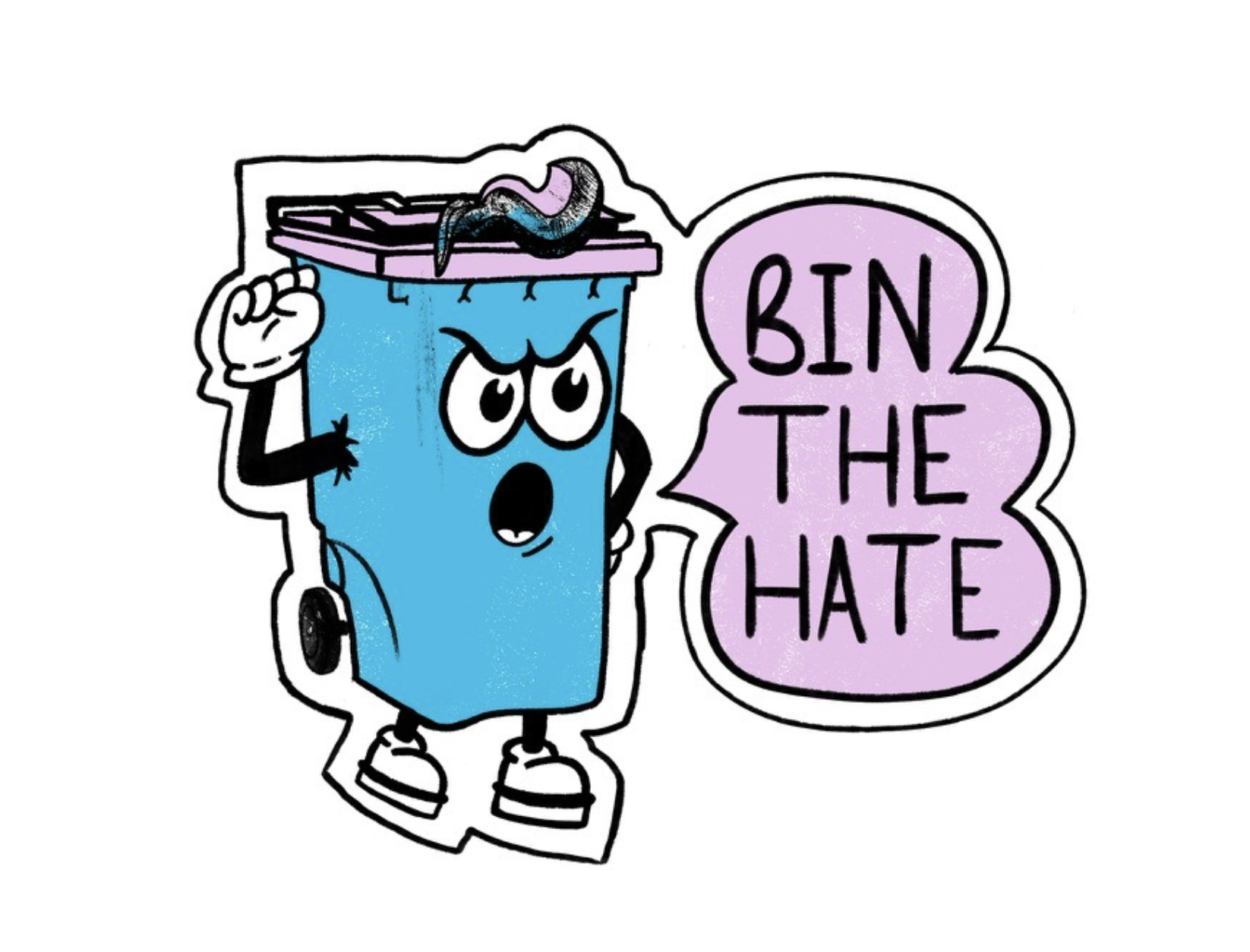 An illustrated angry cartoon bin saying 'bin the hate' in trans flag colours blue, pink and white