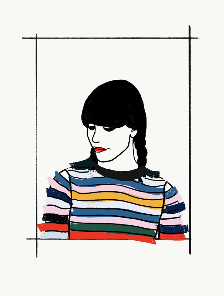 an expressive but minimalist portrait of a woman with dark plaited hair and striped jumper.