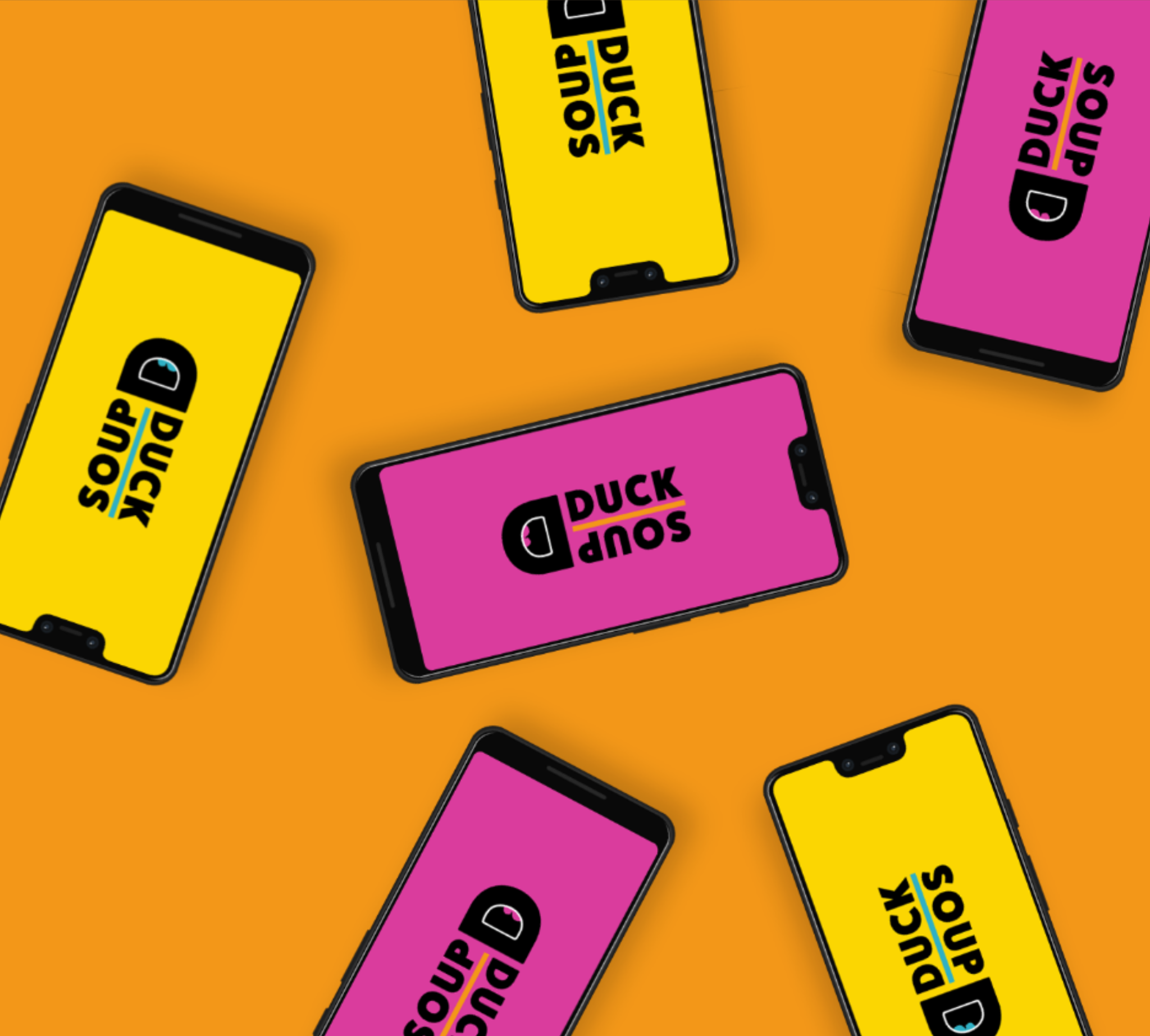 A mock-up of a 'Duck Soup' logo on pink and yellow backgrounds as an app on six phones