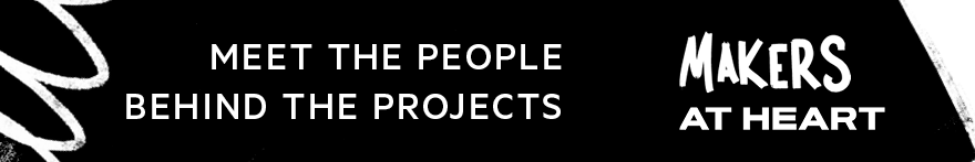 A black banner ad with white illustrated elements and text reading: Meet the people behind the projects, makers at heart