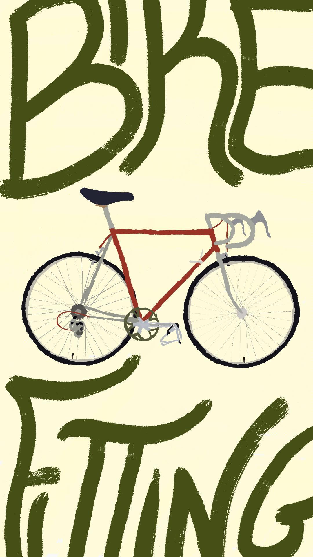 A 9:16 illustration of a red bike topped and bottomed by green handwritten text saying 'bike fitting'