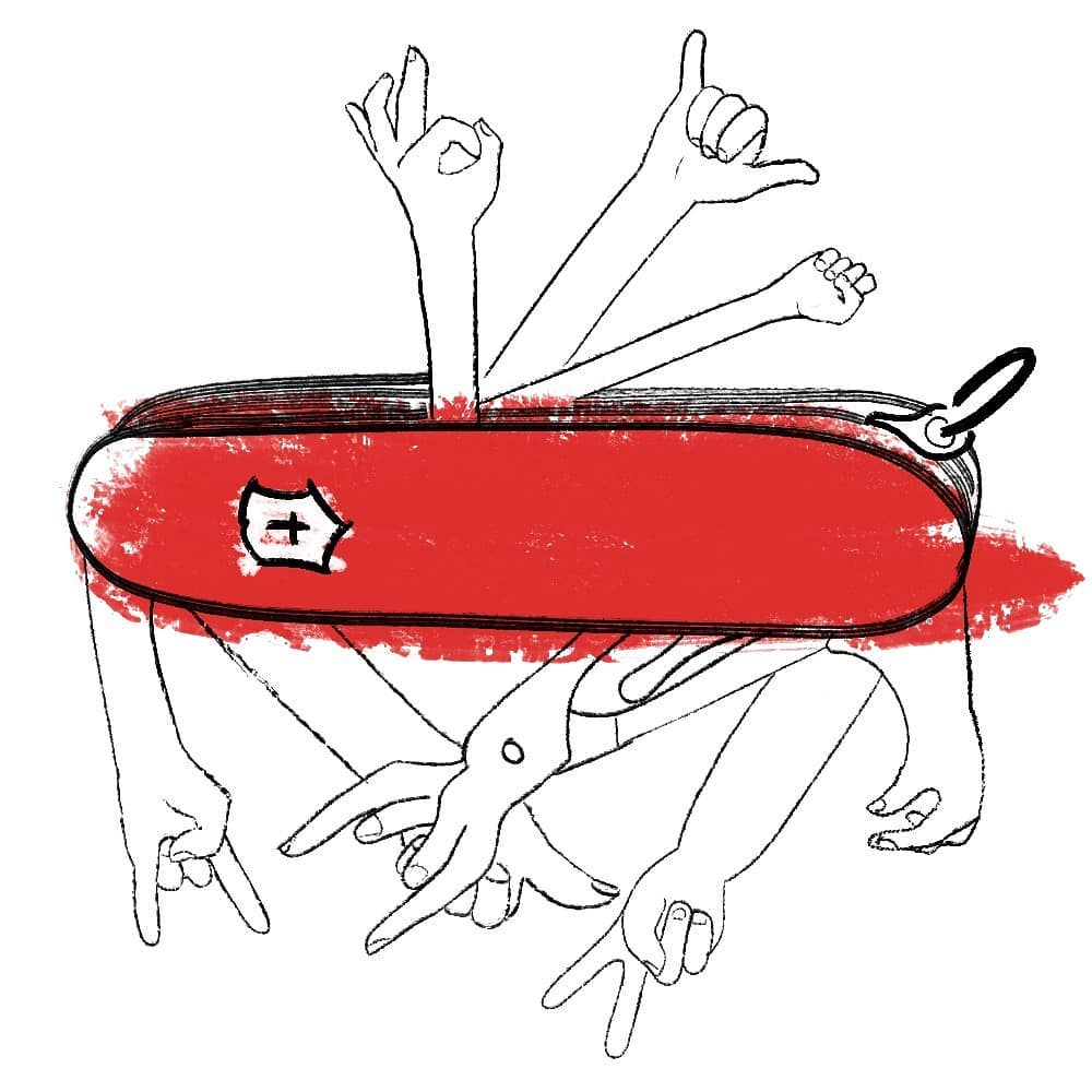 a red swiss army knife illustration has folded out hands instead of knives,each showing different hand positions like 'ok' or 'rock on'