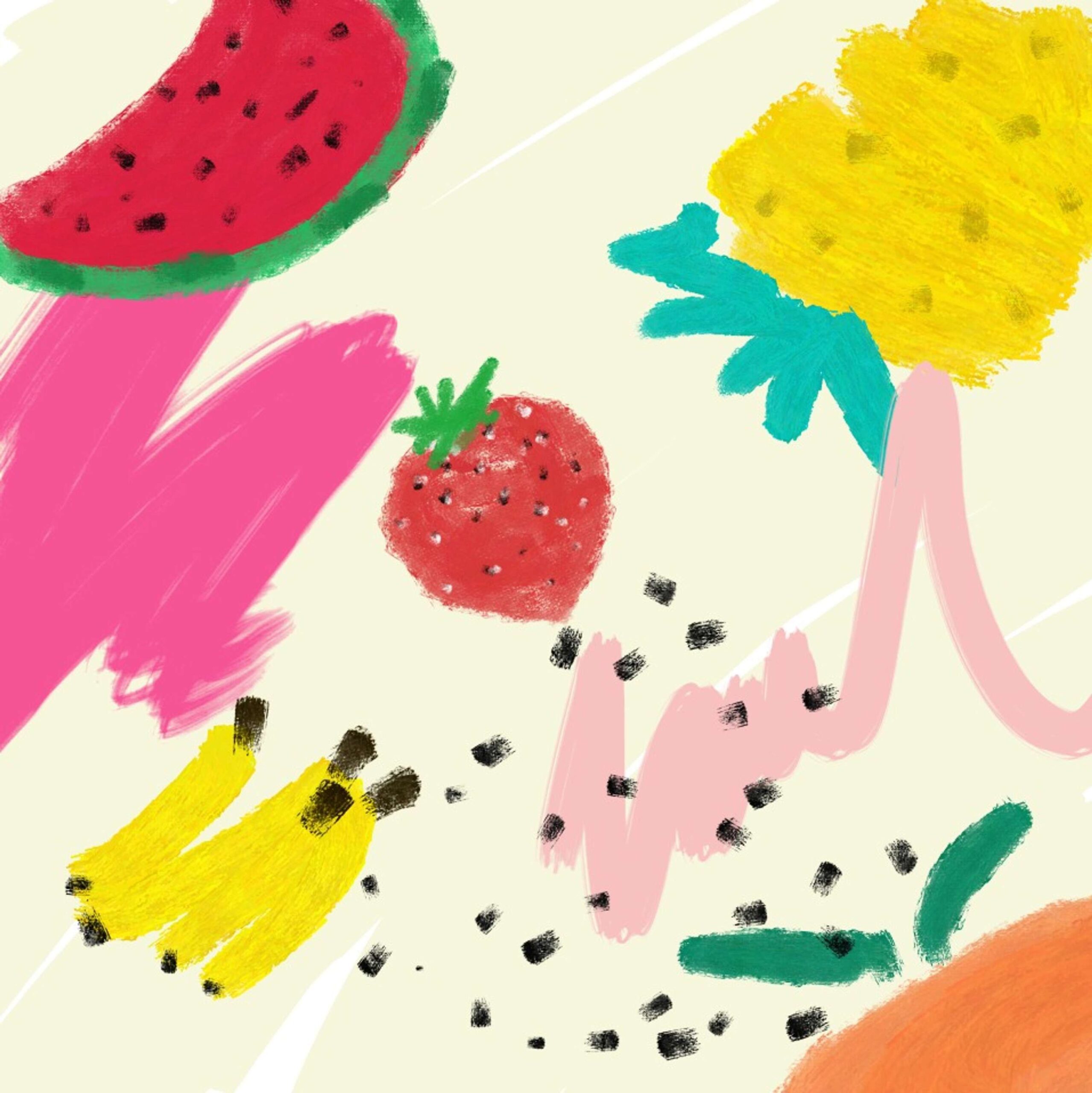 An expressive and somewhat abstract illustration of fruits including watermelon, pineapple, strawberry and bananas